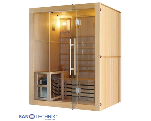 Sanotechnik Sauna aus hellem Holz mit Glastür, Saunaofen, Saunasteinen und Innenbeleuchtung.