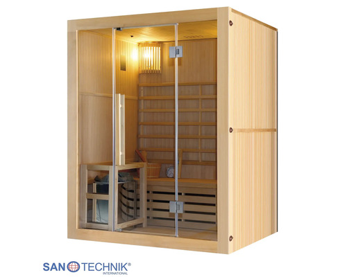 Sanotechnik Sauna aus Holz mit Glasfront, Saunaofen, Sitzbank und Zubehör. Sanotechnik Logo.