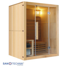 Sanotechnik Sauna aus hellem Holz mit Glastür, Holzbänken und Innenbeleuchtung.