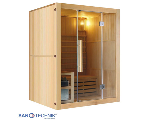 Sanotechnik Sauna aus hellem Holz mit Glastür, Holzbänken und Innenbeleuchtung.