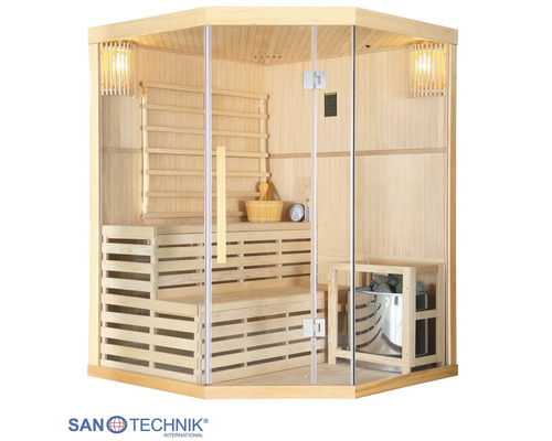 Sanotechnik Ecksauna aus hellem Holz mit Glasfront, Holzbänken, Saunaofen und Zubehör.