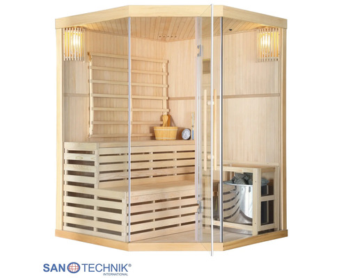 Ecksauna aus hellem Holz mit Glasfront, zweistufigen Holzbänken, Saunaofen mit Steinen, Holzeimer, Kelle und Beleuchtung. Sanotechnik Logo.