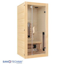 Infrarotkabine aus Holz mit Glastür, Sitzbank und integrierten Infrarotstrahlern für den Innenbereich. Sanotechnik International Logo.