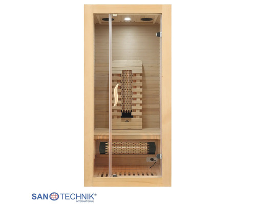 Infrarotkabine aus hellem Holz mit Glastür, Sitzbank und Infrarotstrahlern, Sanotechnik International Logo.