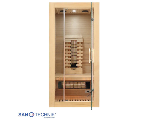 Infrarotkabine aus Holz für eine Person mit Glastür, integrierter Sitzbank, Rückenstrahler und Deckenbeleuchtung. Sanotechnik Logo.