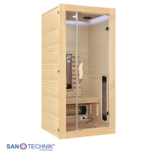 Sanotechnik Infrarotkabine aus hellem Holz mit Glastür, Sitzbank und Infrarotstrahlern für eine Person.