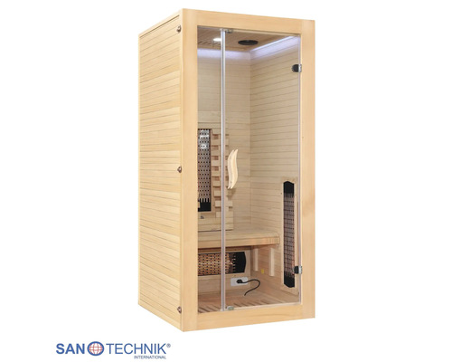 Sanotechnik Infrarotkabine aus hellem Holz mit Glastür, Sitzbank und Infrarotstrahlern für eine Person.