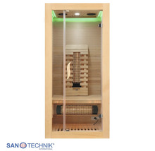 Infrarotkabine für eine Person aus Holz mit Glastür, Rücken- und Wadenstrahler sowie integrierter Beleuchtung. Sanotechnik International Logo.