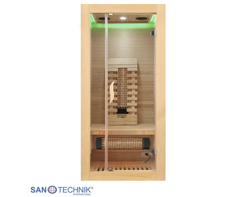 Infrarotkabine für eine Person aus Holz mit Glastür, Rücken- und Wadenstrahler sowie integrierter Beleuchtung. Sanotechnik International Logo.