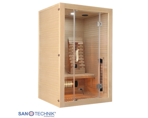 Infrarotkabine aus Holz mit Glasfront, Innenraum mit Sitzbank, Rückenlehne und Infrarotstrahlern. Sanotechnik International Logo.