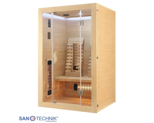 Infrarotkabine aus hellem Holz mit Glasfront, Sitzbank, ergonomischen Rückenlehnen und Infrarotstrahlern.