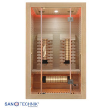 Sanotechnik Infrarotkabine aus hellem Holz mit Glasfront, Sitzbank und Infrarotstrahlern im Innenraum.