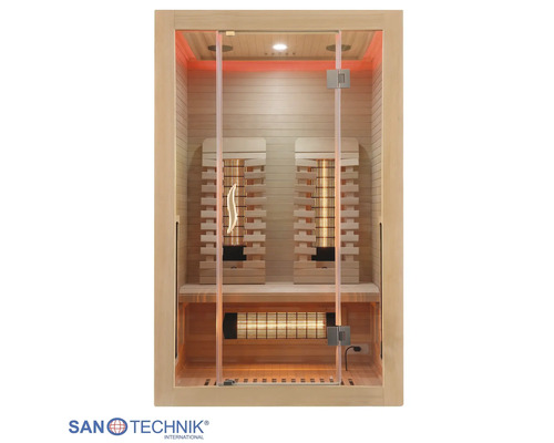 Sanotechnik Infrarotkabine aus hellem Holz mit Glasfront, Sitzbank und Infrarotstrahlern im Innenraum.