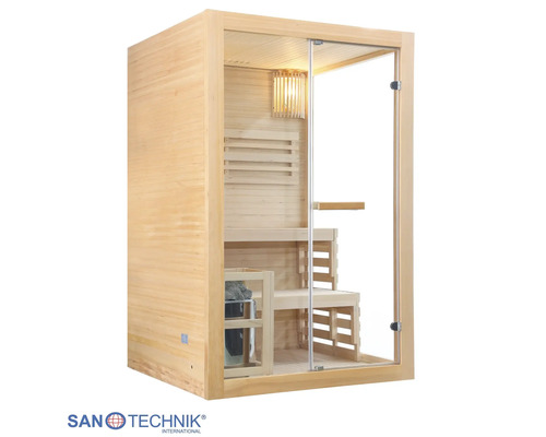 Saunakabine aus Holz mit Glastür, Saunaofen inklusive Steinen, Sitzbank und Lampe. Sanotechnik International Logo.
