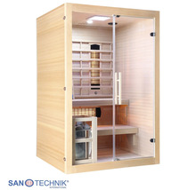 Holzsauna mit Glasfront, Innenbeleuchtung, Infrarotstrahler und Saunaofen. San Technik International Logo.