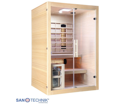 Holzsauna mit Glasfront, Innenbeleuchtung, Infrarotstrahler und Saunaofen. San Technik International Logo.