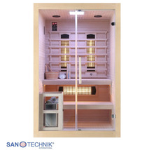 Infrarotkabine aus Holz mit Glasfront, Saunaofen, Infrarotstrahlern, Sitzbank und Zubehör. Sanotechnik International Logo.