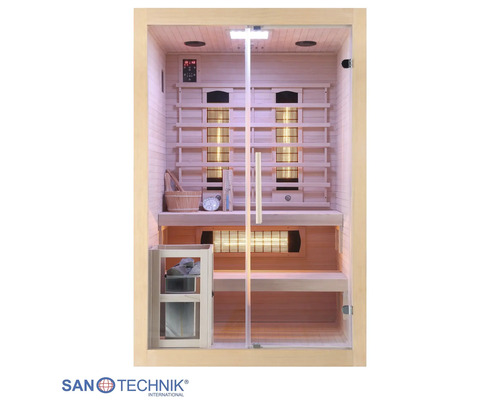 Infrarotkabine aus Holz mit Glasfront, Saunaofen, Infrarotstrahlern, Sitzbank und Zubehör. Sanotechnik International Logo.