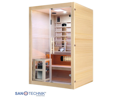 Saunakabine aus Holz mit Glastür, Saunaofen inklusive Steinen, Sitzbänken, Innenbeleuchtung und Zubehör wie Kübel und Thermometer.