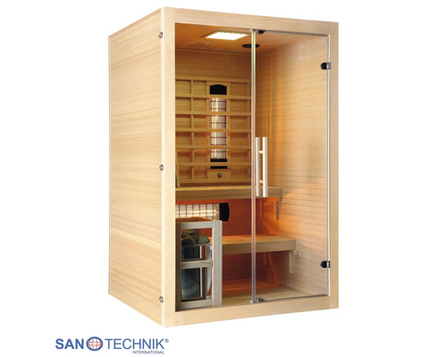 Infrarotkabine aus hellem Holz mit Ganzglastür, Sitzbank und Innenbeleuchtung. Sanotechnik International Logo.