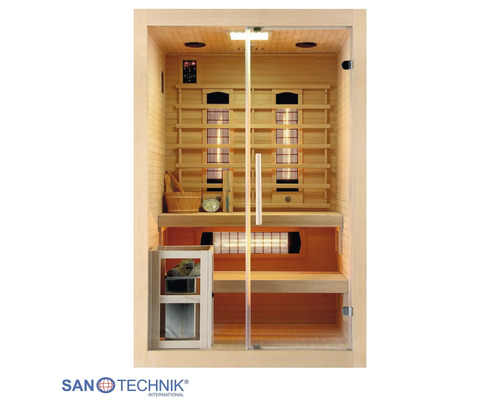 Infrarotkabine aus hellem Holz mit Ganzglastür, Infrarotstrahlern, zwei Sitzbänken, Deckenlicht und Saunazubehör. Sanotechnik Logo.
