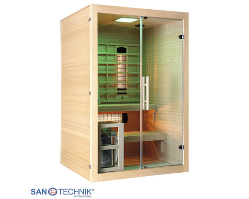 Sanotechnik Infrarotkabine aus Holz mit Glastür, Sitzbänken und integrierter Beleuchtung für den Innenbereich.