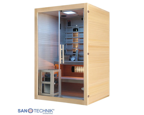 Sanotechnik Sauna aus hellem Holz mit Glasfront, Saunaofen, Sitzbänken und digitaler Steuerung. Sanotechnik International Logo.