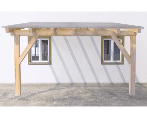 Terrassenüberdachung aus hellem Holz mit lichtdurchlässigem Dach aus Wellplatten, zur Wandmontage.