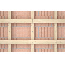 Holzlatten als Rahmenkonstruktion auf einer Ziegelwand mit Schrauben befestigt.