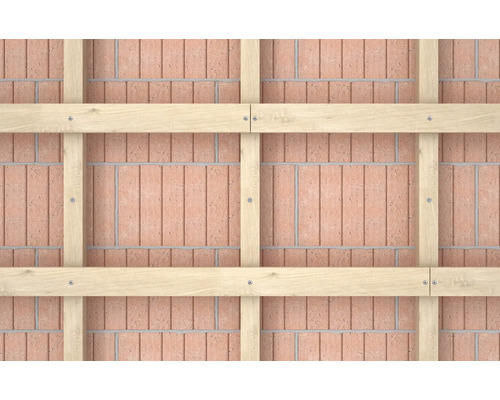 Holzlatten als Rahmenkonstruktion auf einer Ziegelwand mit Schrauben befestigt.