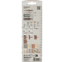Rückseite der Verpackung fischer DuoXpand 8 mal 120 Millimeter mit technischen Daten, Montageanleitung, fischer Logo und Zentimeterskala.