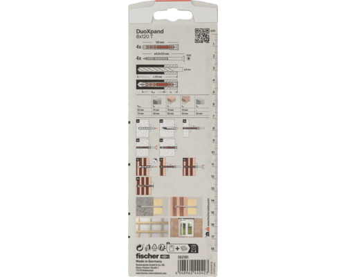Rückseite der Verpackung fischer DuoXpand 8 mal 120 Millimeter mit technischen Daten, Montageanleitung, fischer Logo und Zentimeterskala.