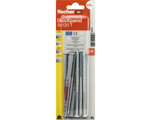 fischer Langschaftdübel DuoXpand 8 mal 120 T mit Senkkopfschraube, 4 Stück Packung, CE-geprüft, für Beton und Mauerwerk geeignet.