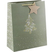 Weihnachts-Geschenktüte mit Tannenbaum-Motiv, Stern-Anhänger und Kordeltragegriff.