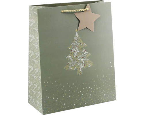 Weihnachts-Geschenktüte mit Tannenbaum-Motiv, Stern-Anhänger und Kordeltragegriff.