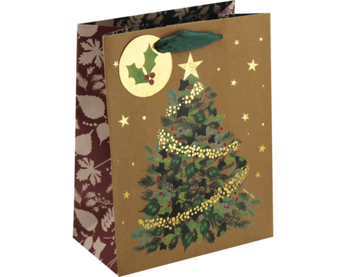 Geschenktüte aus Papier mit Tannenbaum-Motiv und Geschenkanhänger