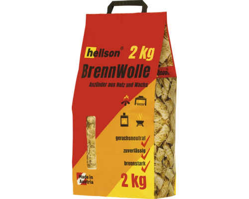 Hellson Brennwolle, 2 Kilogramm Packung Anzünder aus Holz und Wachs für Kamine, Öfen und Grills, geruchsneutral, hergestellt in Österreich.