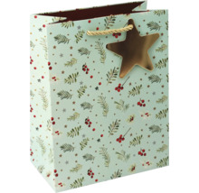 Weihnachtliche Geschenktüte mit Tannenzweigen, roten Beeren und einem goldenen Stern-Anhänger.