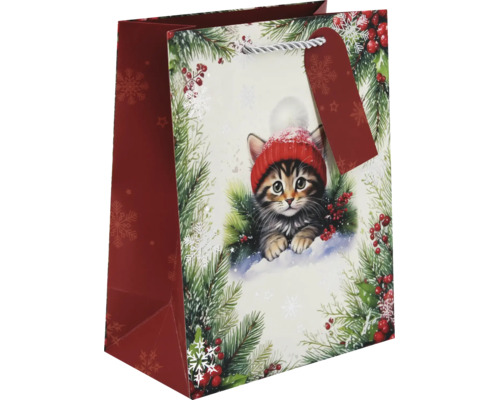 Geschenktasche mit winterlichem Katzen-Motiv, Tannenzweigen, Beeren und Geschenkanhänger.