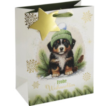 Weihnachtsgeschenktüte mit Berner Sennenhund-Welpe mit Mütze, Tannenzweigen, Aufschrift Frohe Weihnachten und Stern-Anhänger.