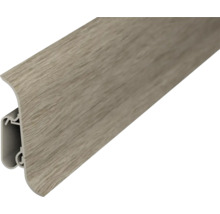 Sockelleiste mit Holzdekor und integriertem Kabelkanal.