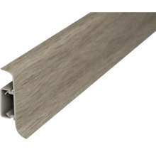 Sockelleiste mit Holzoptik, Montageschiene und integriertem Kabelkanal.
