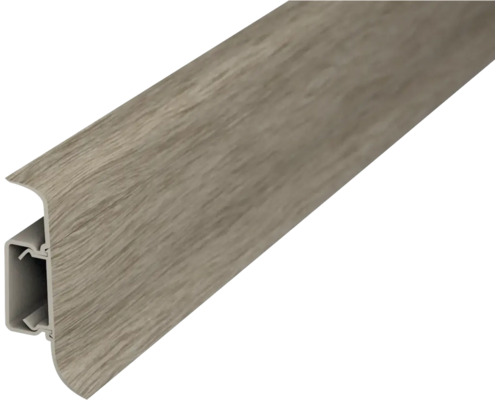 Sockelleiste mit Holzoptik, Montageschiene und integriertem Kabelkanal.