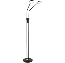 Moderne LED-Stehleuchte aus Metall mit zwei flexiblen Armen und runden Lampenköpfen.