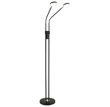 Zweiflammige LED-Stehleuchte aus schwarzem Metall mit flexibel einstellbaren runden Lampenköpfen und rundem Standfuß.