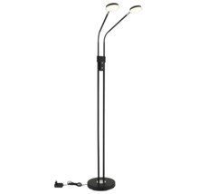 Zweiflammige LED Stehleuchte aus schwarzem Metall mit flexiblen Hälsen und runden Leuchtköpfen.