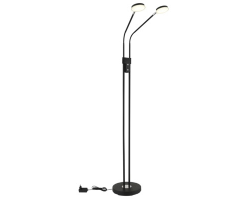Zweiflammige LED Stehleuchte aus schwarzem Metall mit flexiblen Hälsen und runden Leuchtköpfen.