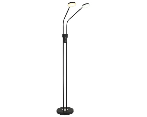 Zweiflammige LED-Stehleuchte mit flexiblen Armen und rundem Standfuß aus Metall in Schwarz.