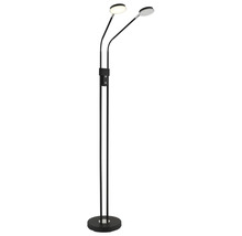 Zweiflammige LED-Stehleuchte in Schwarz mit flexibel ausrichtbaren Armen und runden Leuchtköpfen.
