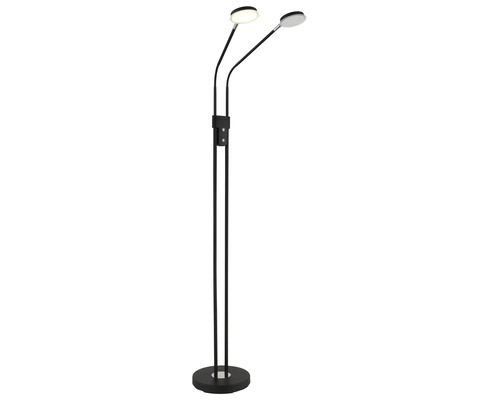Zweiflammige LED-Stehleuchte in Schwarz mit flexibel ausrichtbaren Armen und runden Leuchtköpfen.